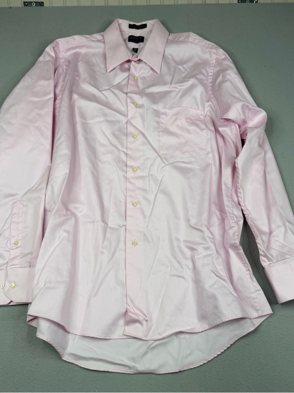 Arrow Dress Shirt Mens 16 34/35 Pink Sateen Classic Fit Cotton Blend Long Sleeve